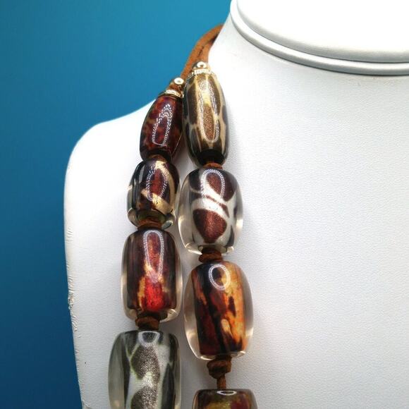Chico's Animal Print Large Bead Necklace, Clear Lucite, 2 Suede Strands, 28 Inch - Picture 4 of 10